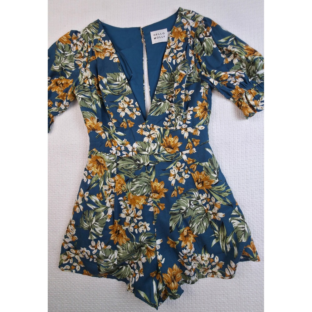 Hello Molly Romper Womens Size 2 Blue Tropical Floral V-Neck Cutout Back Exc